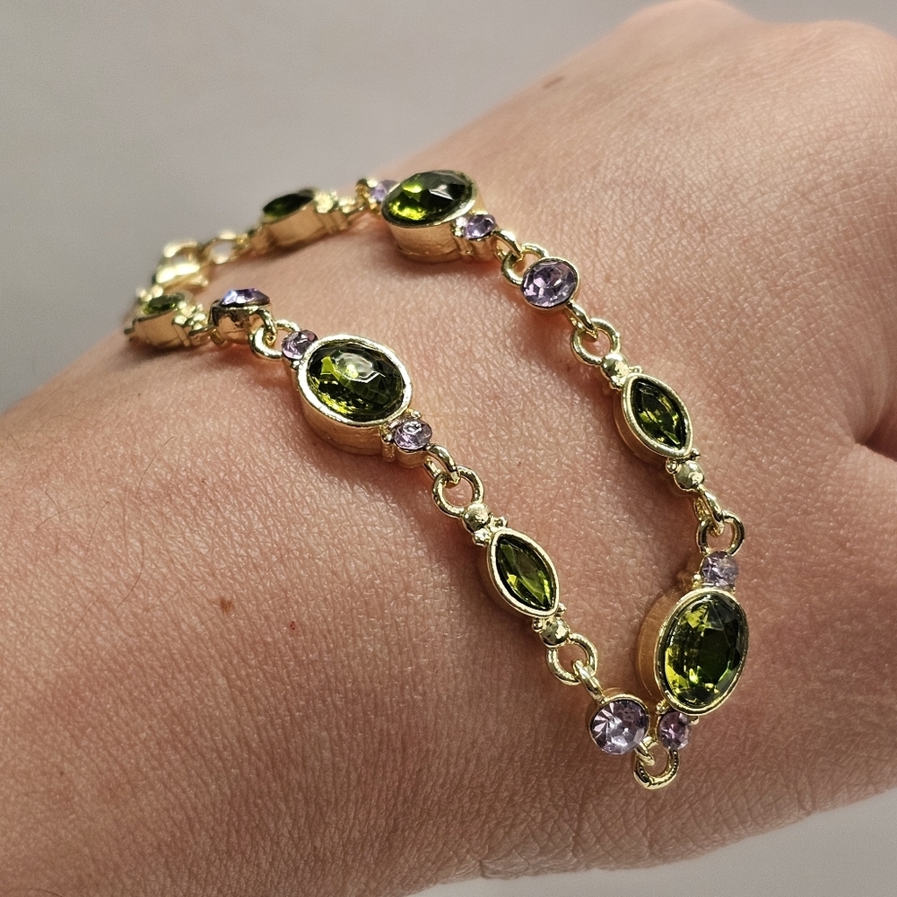Vintage Style Green & Purple CZ Gold Tone Fashion Bracelet - Picture 4 of 11